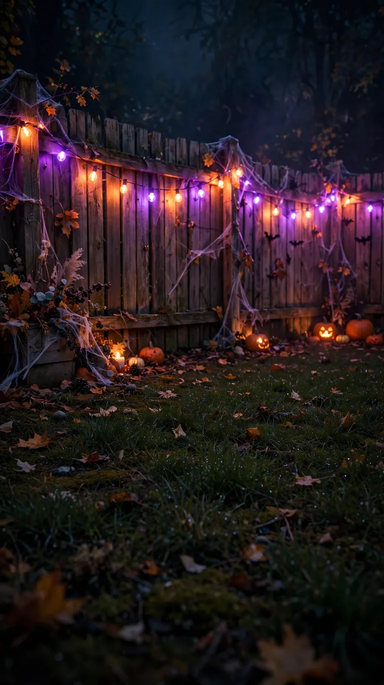 String Purple and Orange Lights Through the Fences