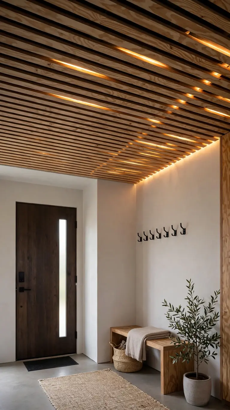 Modern entryway with a slatted plywood strip ceiling, dark shadow gaps, and warm strip lighting.