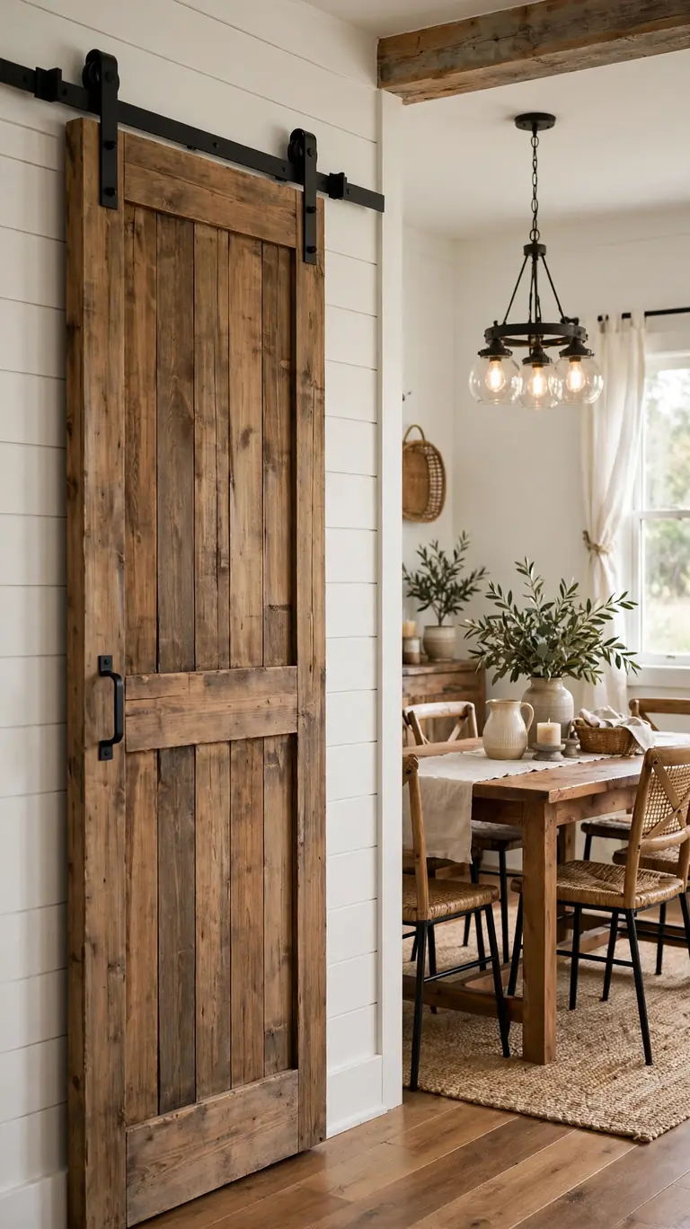 Wooden sliding barn door with black metal hardware on a white wall beside a farmhouse dining area.