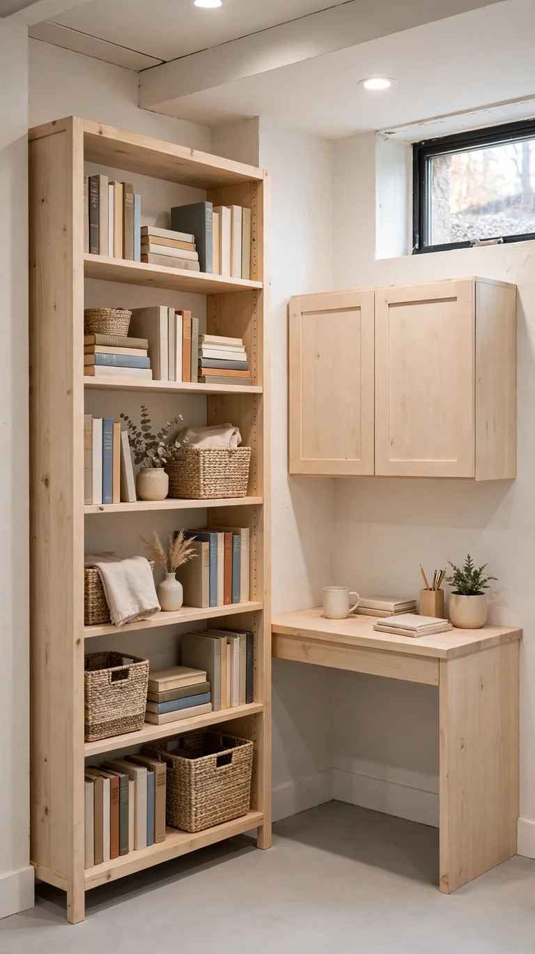 19 Small Basement Ideas to Make the Most of Any Space 6 Tall bookcase and wall-mounted shelves using vertical storage in a small basement.