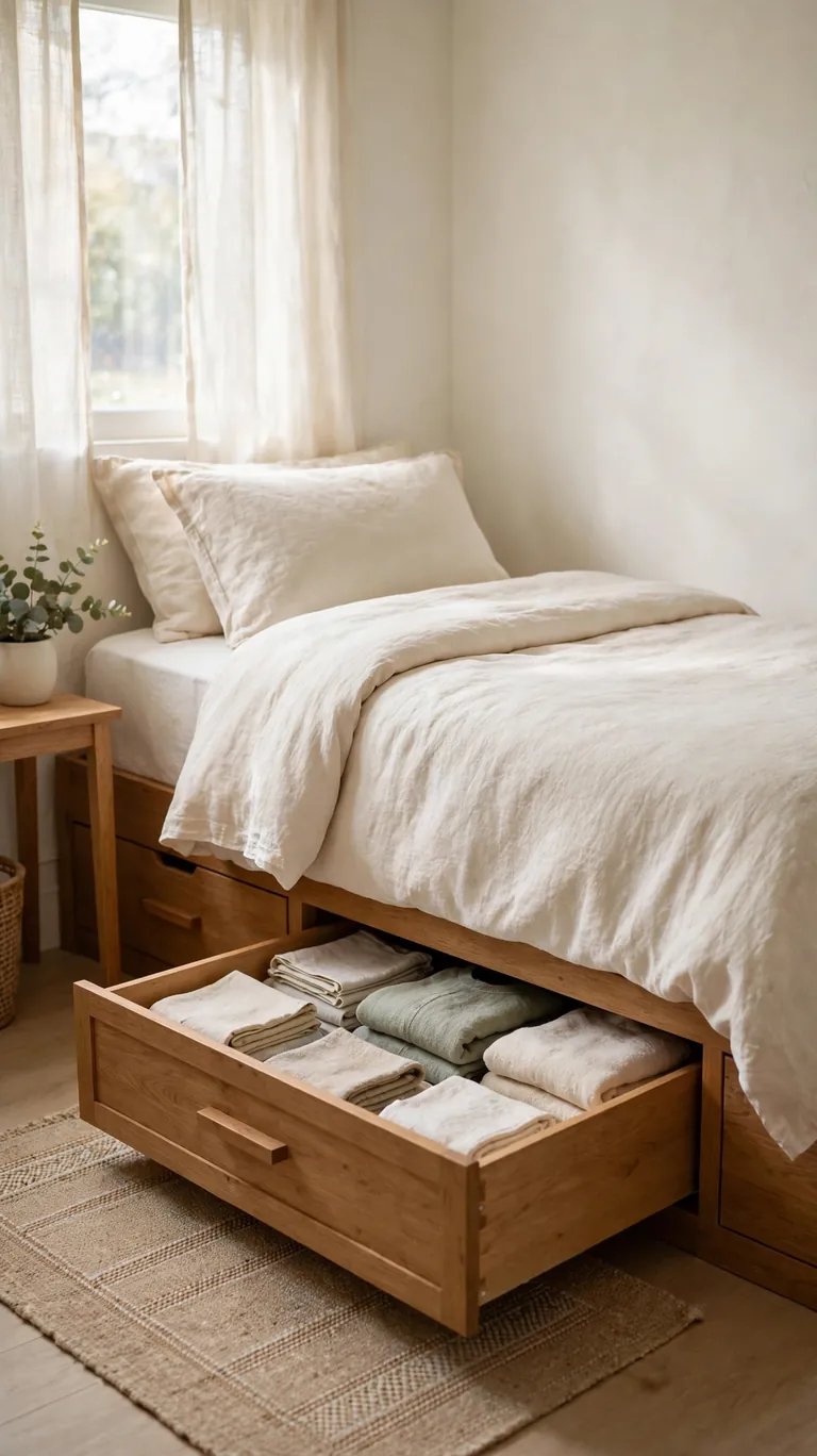 Storage bed with open drawers in a small bedroom hiding clothes and bedding out of sight.