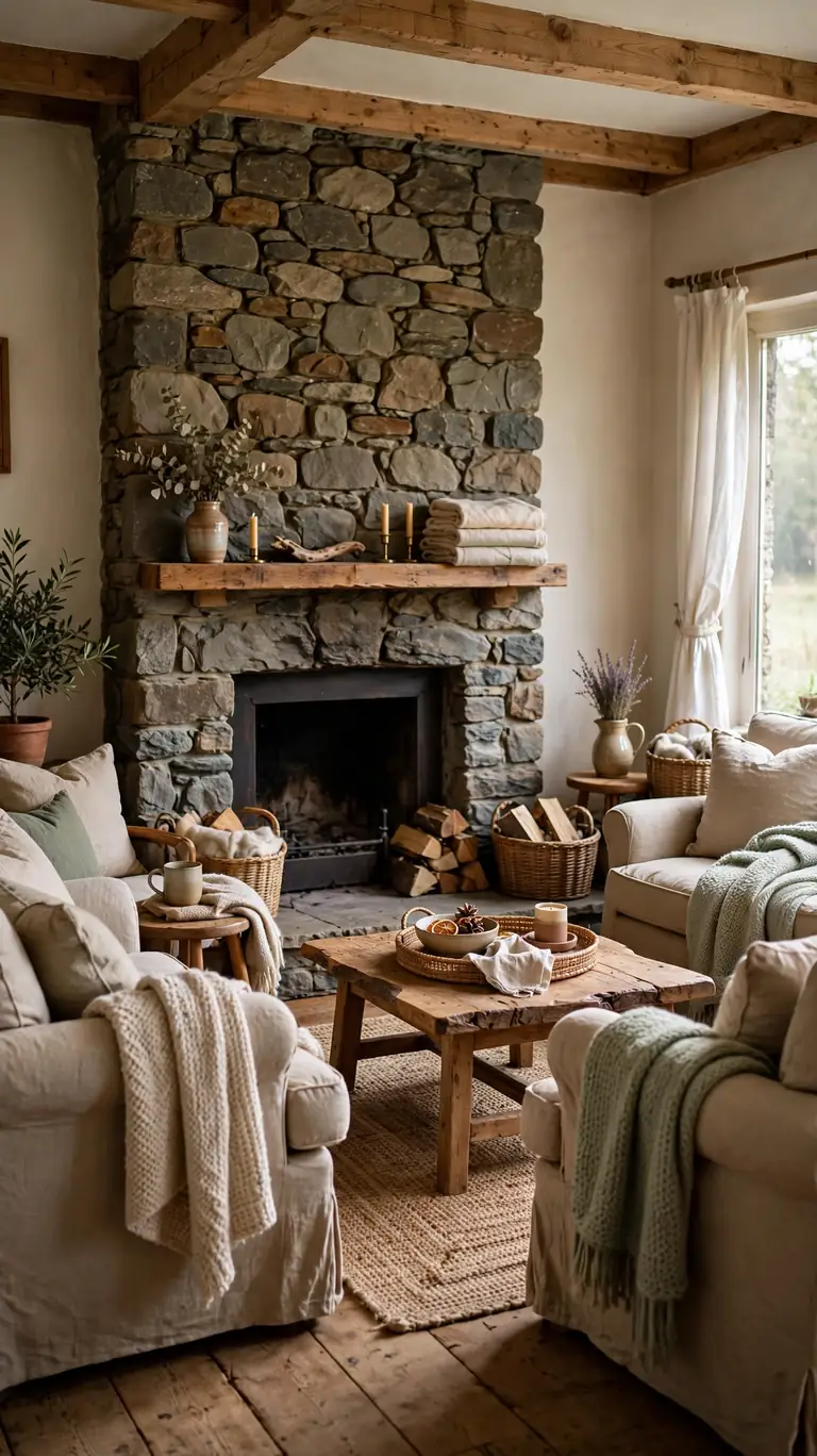 21 Small Lake Cottage Interior Design Ideas That Feel Cozy and Inviting 6 Stone fireplace as the focal point of a cozy cottage living room with simple mantel styling and seating arranged around it.