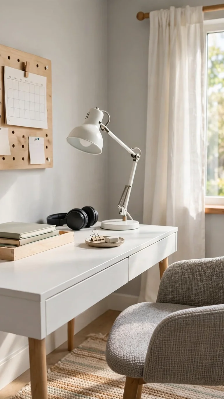 Compact study corner in a teen bedroom with a small desk, comfortable chair, lamp, and pegboard above.