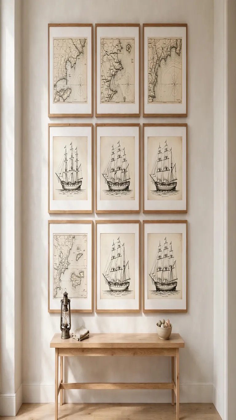 Gallery wall of framed vintage nautical charts and tall ship line drawings above a wooden console table.