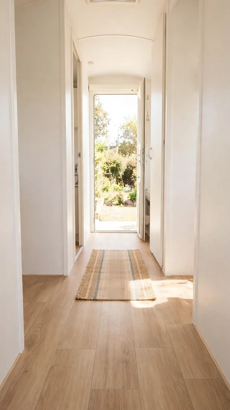 Light wood-look vinyl floor planks laid in a narrow caravan hallway.