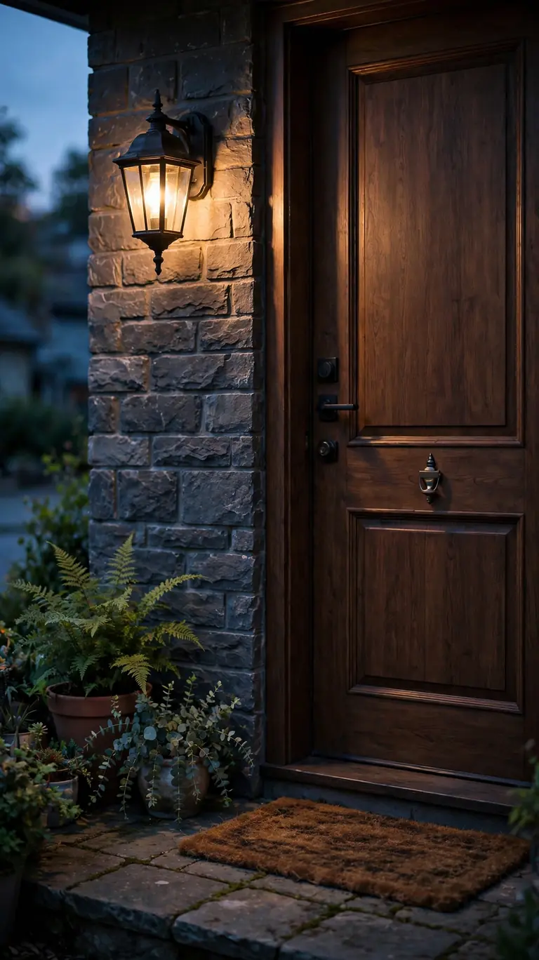 Black wall-mounted lantern glowing warm beside a front door on a small porch at dusk.