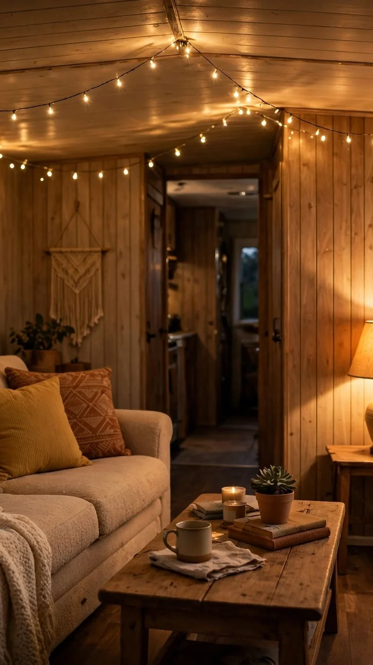 17 Trailer Decor Ideas to Make Your Mobile Home Feel Cozy and Stylish 6 A trailer living room at dusk glowing with warm string lights and table lamps.