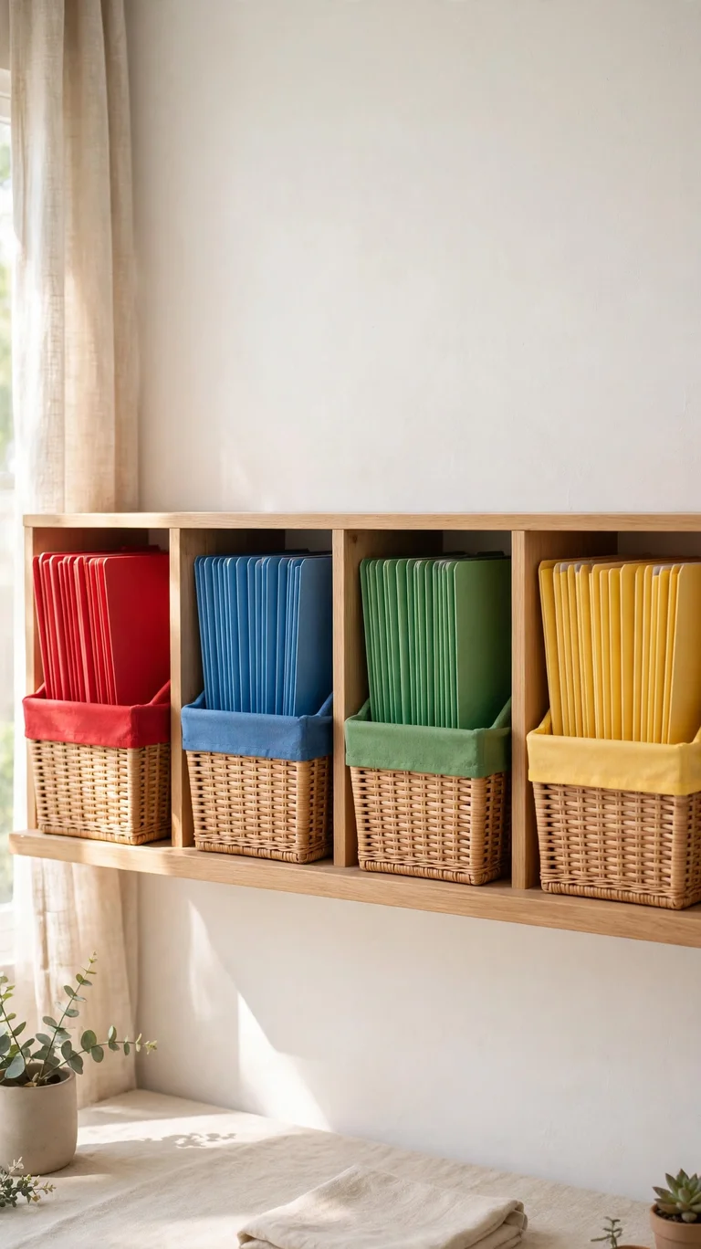 Color-coded storage bins and folders in distinct shades on a shelf.
