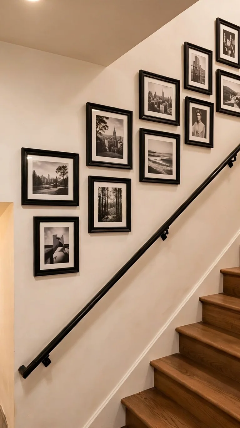 Gallery wall of framed photos following the slope of basement stairs.
