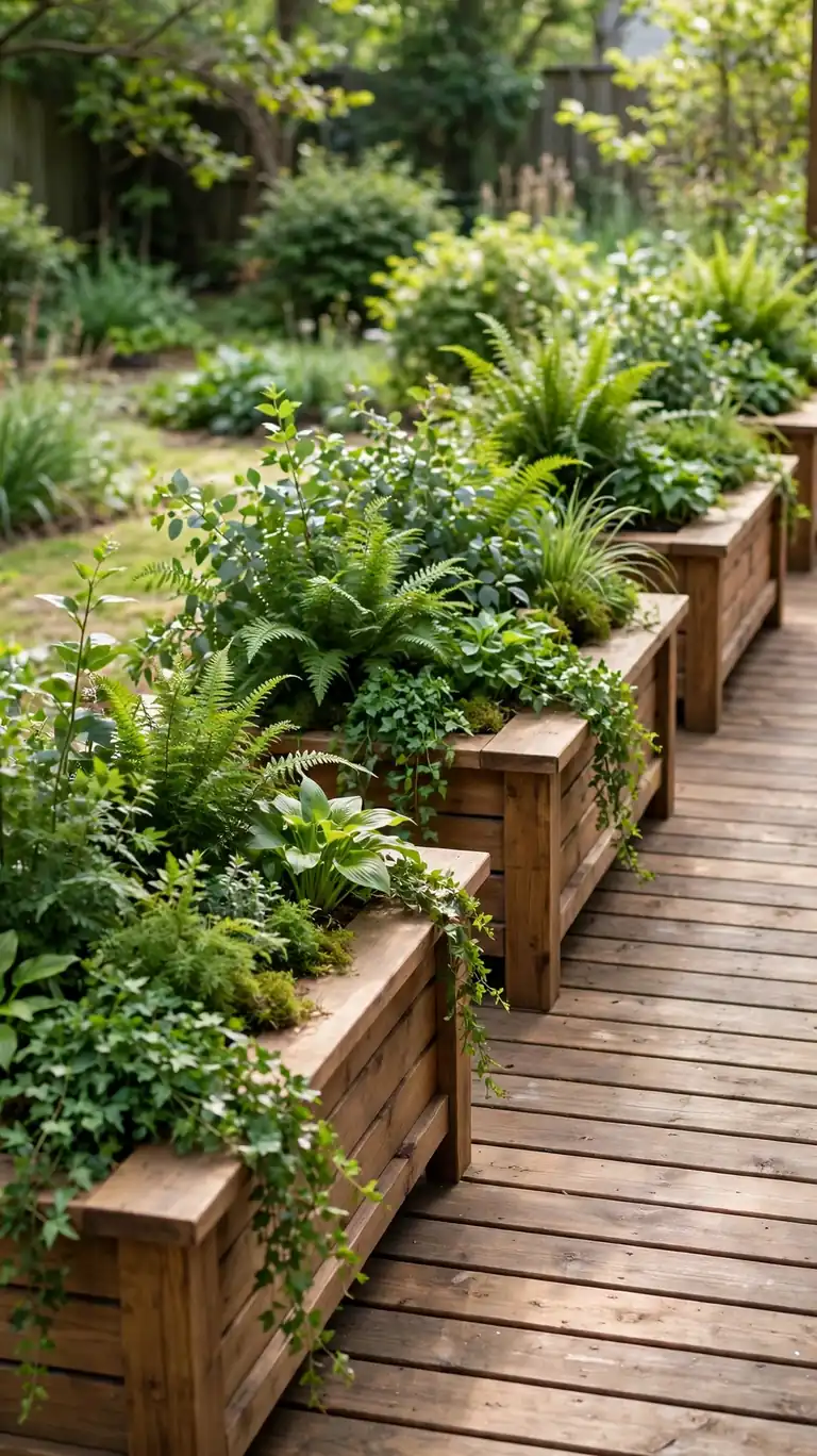 DIY wooden bench planters filled with green plants lining the edge of a backyard deck.