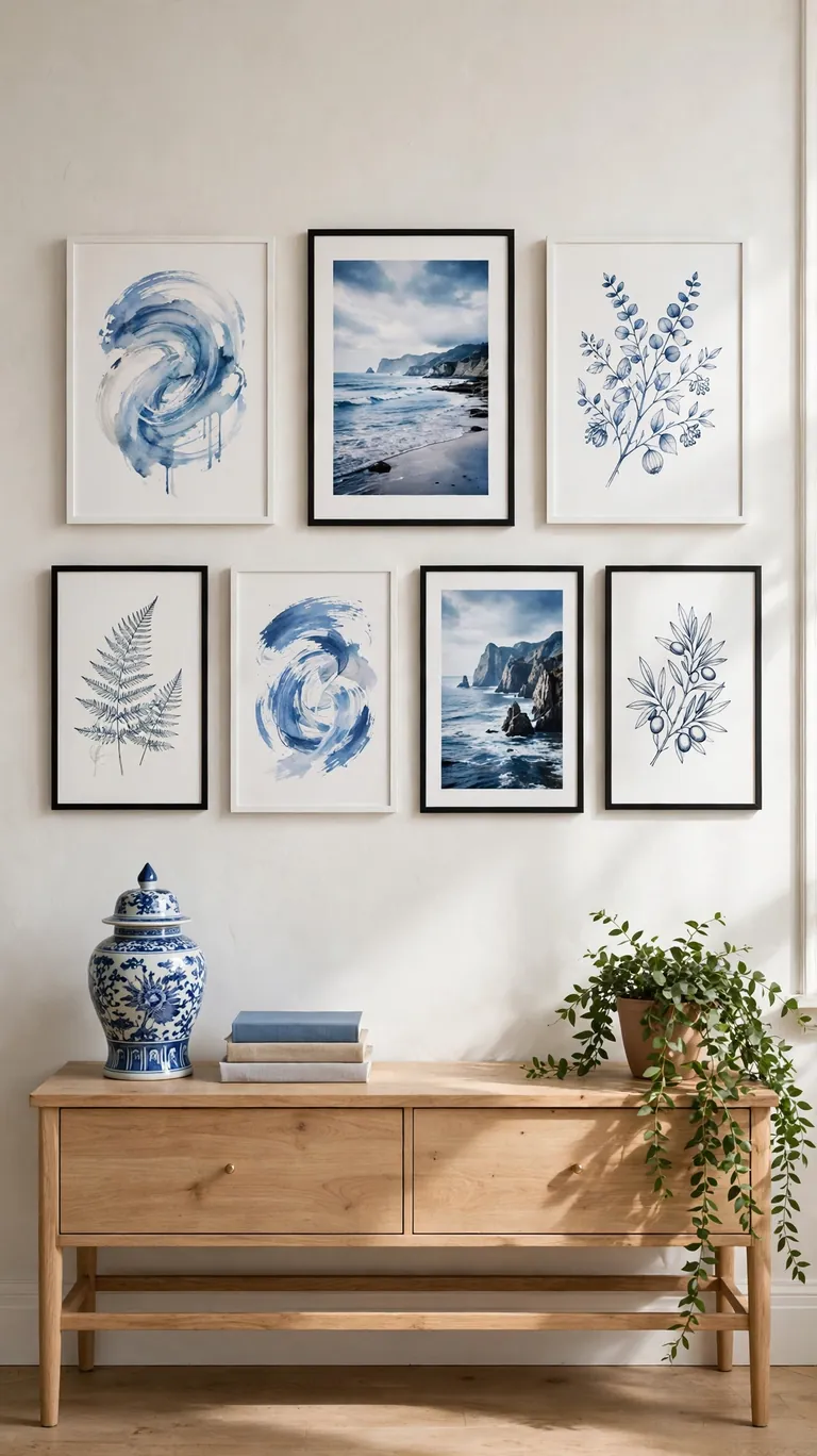 Gallery wall of blue and white framed art prints above a living room console table.