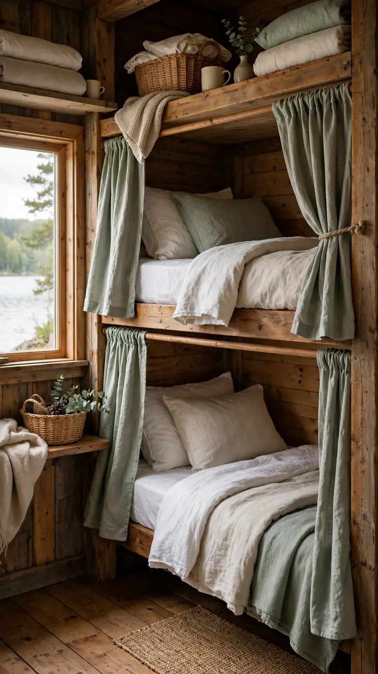 21 Small Lake Cottage Interior Design Ideas That Feel Cozy and Inviting 7 Built-in bunk beds with privacy curtains in a small lake cottage alcove, dressed with simple washable bedding.