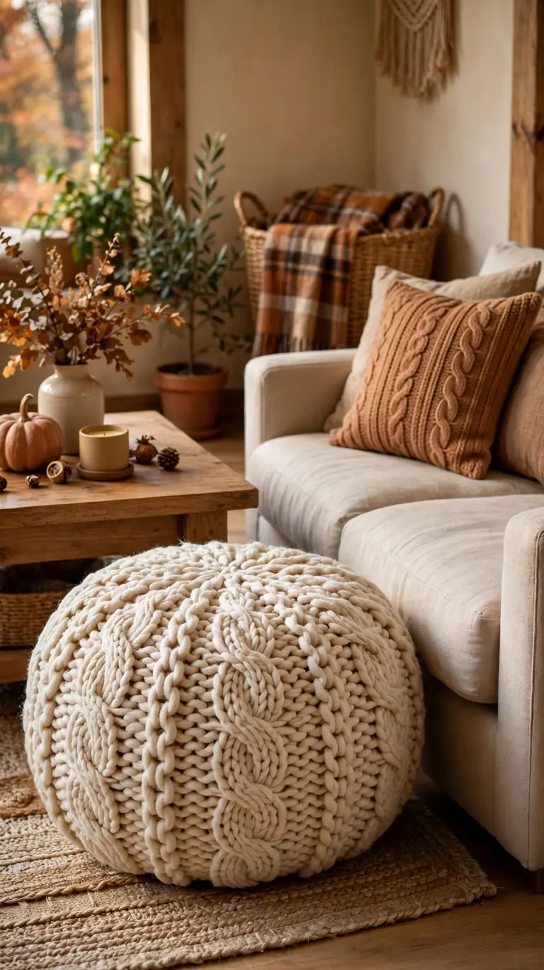 20 Warm Fall Living Room Decor Ideas for Cozy Nights In 7 Add a Chunky Knit Pouf or Ottoman