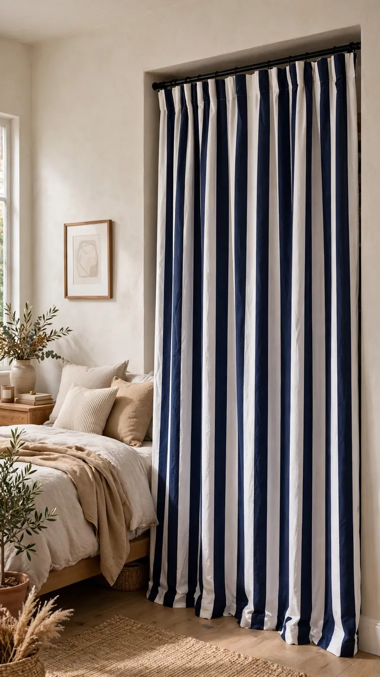 22 Creative Closet Curtain Ideas for a Stylish, Space-Saving Upgrade 7 Bold striped curtain in navy and white covering a bedroom closet, acting as a colorful focal point.