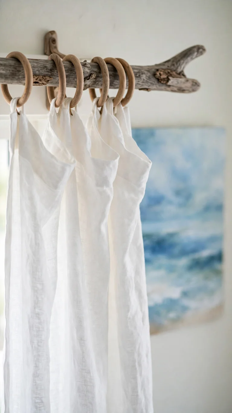 Weathered driftwood curtain rod with white curtains in a beach style living room.
