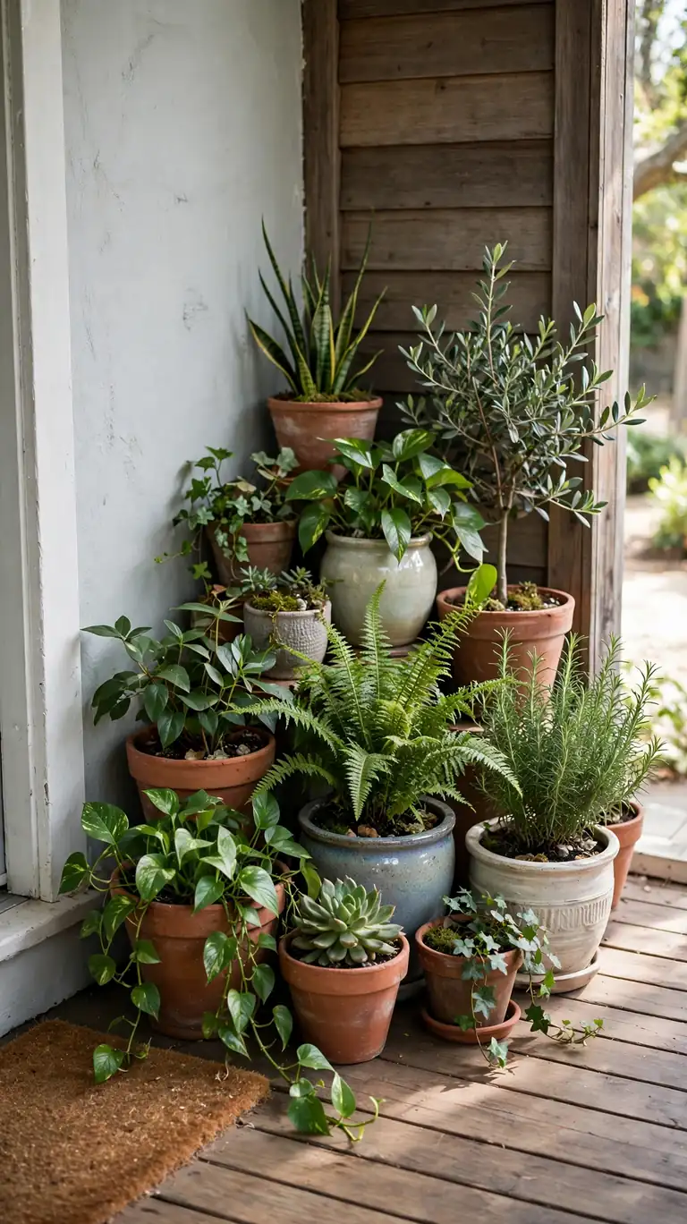 Corner cluster of potted plants in terracotta and ceramic pots of varying heights forming a container garden on a small porch.