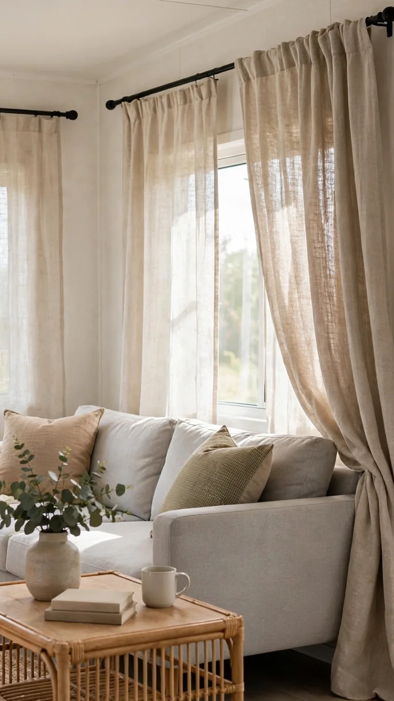17 Trailer Decor Ideas to Make Your Mobile Home Feel Cozy and Stylish 7 Bright linen curtains hung high over trailer windows with a Roman shade in the kitchen.