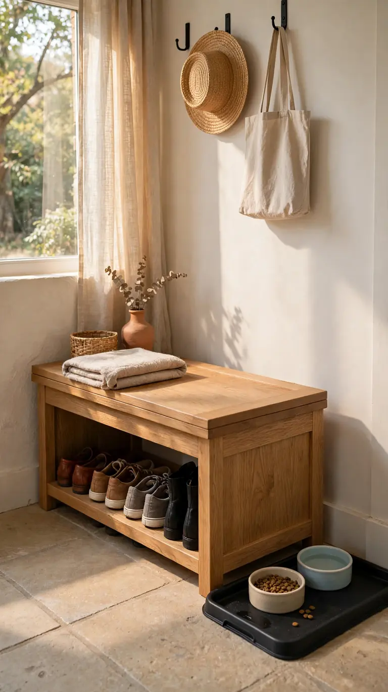 16 Clever Cat Food Station Ideas to Keep Your Home Organized 7 An entryway storage bench with a spill tray and cat bowls beside it, shoes neatly stored underneath.