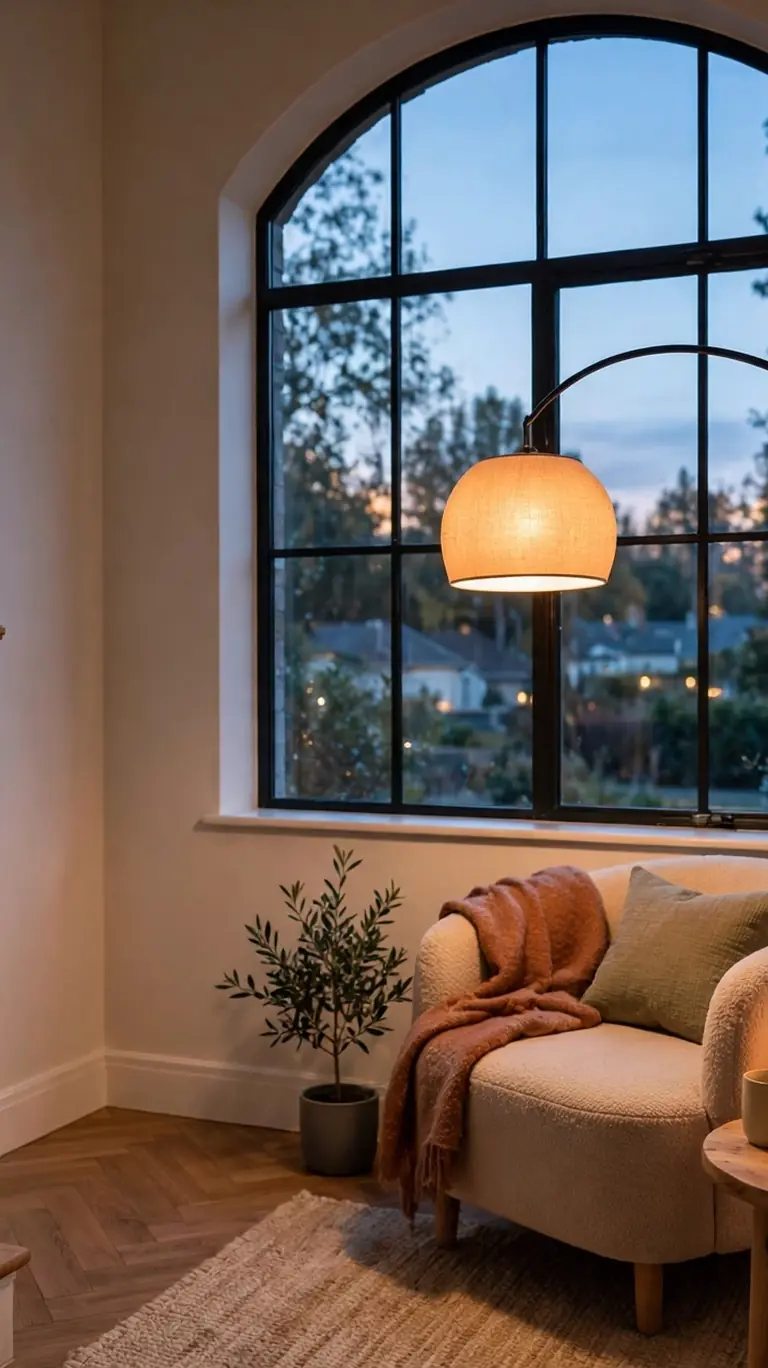Cozy stair landing corner at dusk with a glowing arc floor lamp over a cream armchair with a rust throw, a small side table, and a potted plant by an arched window.