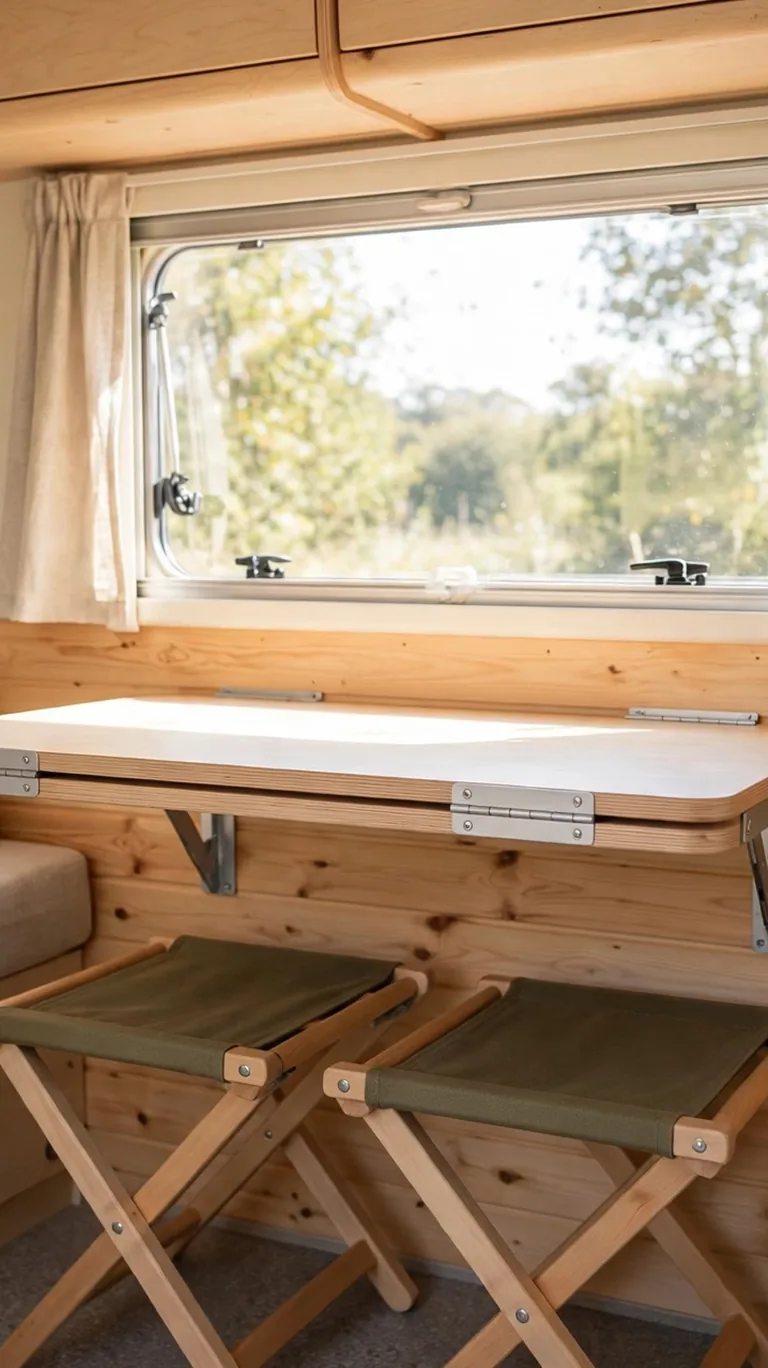 A wooden fold-down wall table set up for two in a caravan dining corner with folding stools.