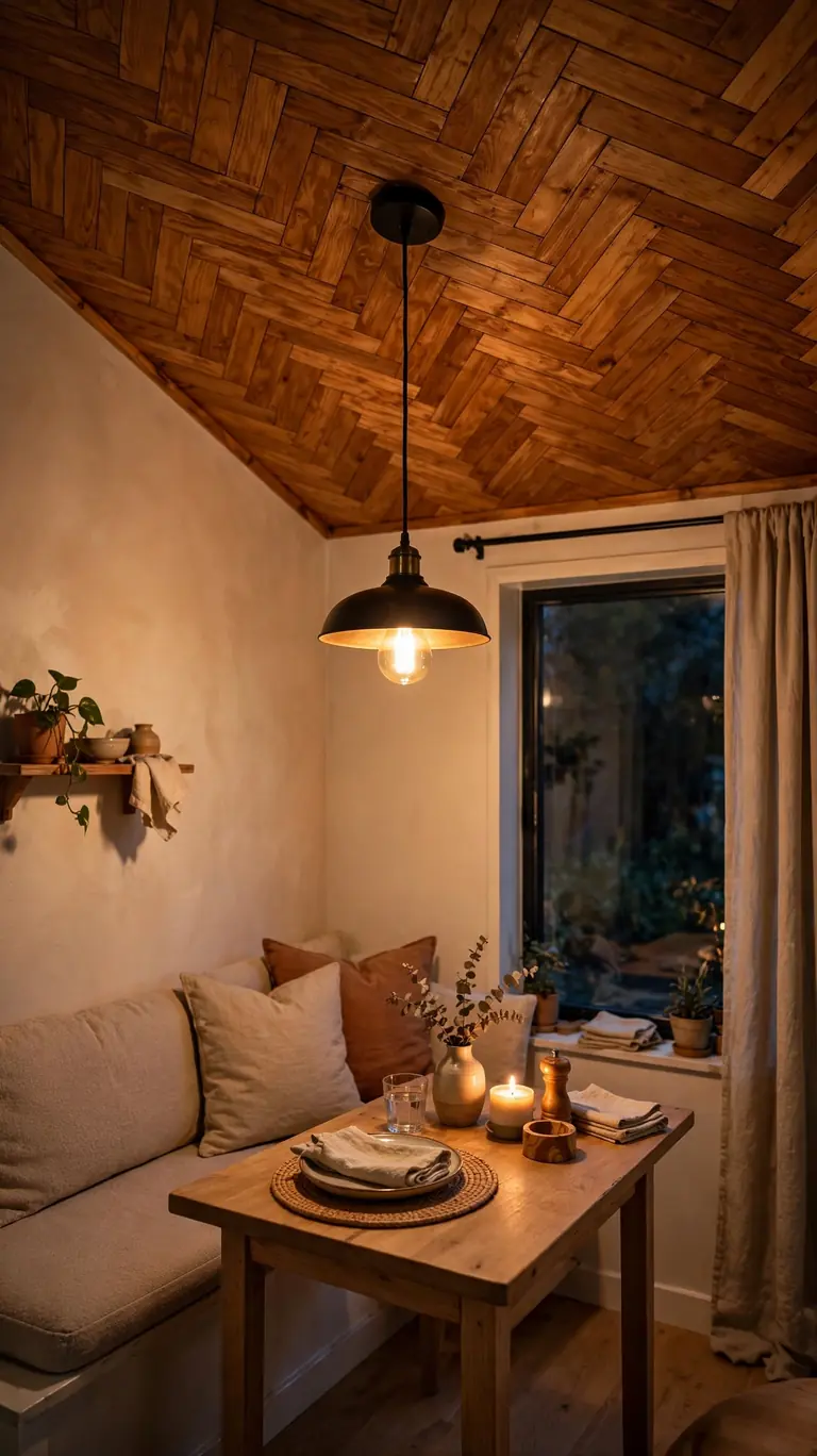 Small dining nook with a herringbone-pattern plywood ceiling in warm stain and a pendant light.