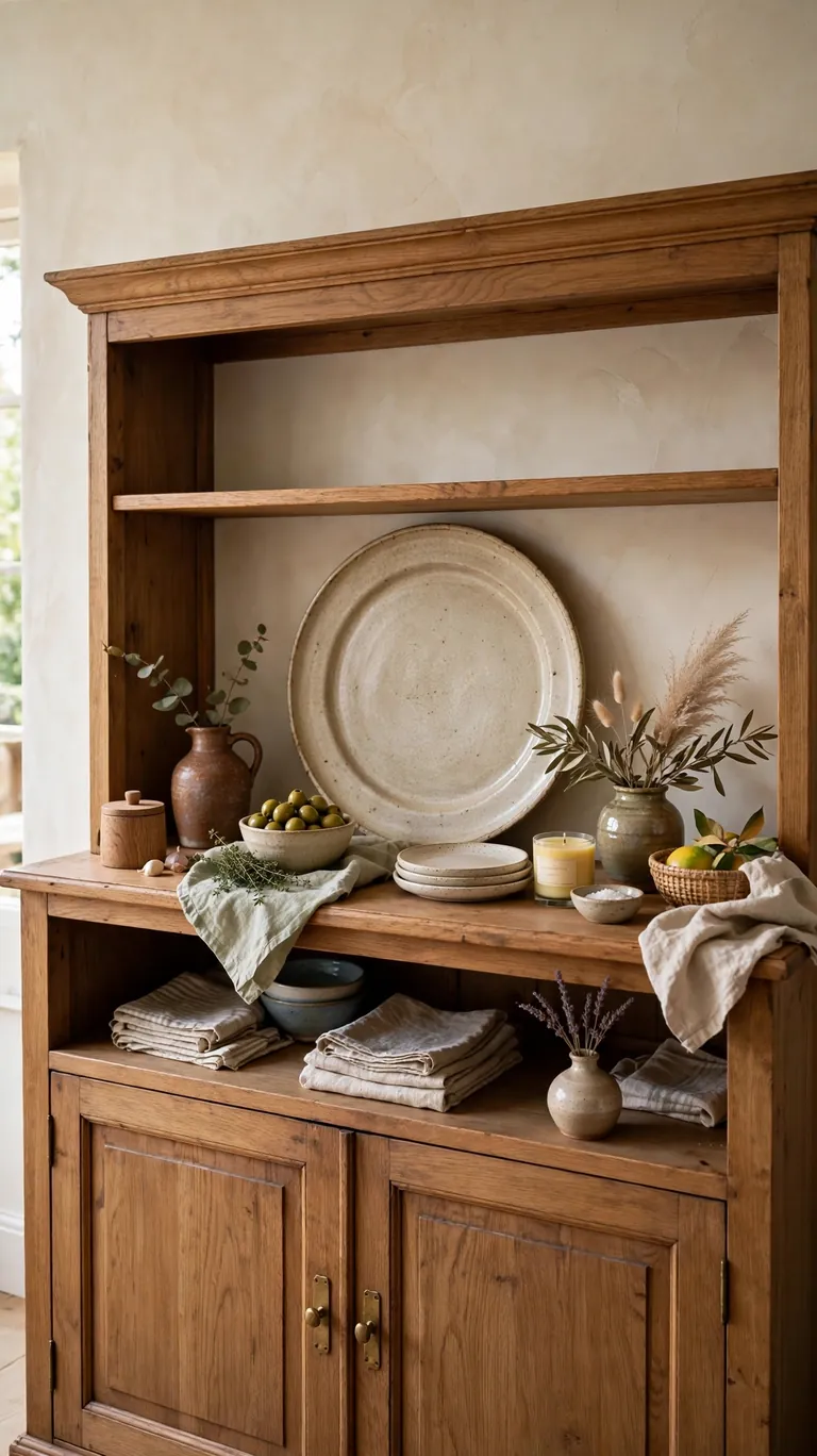 Hutch shelf anchored by a large serving platter with smaller items arranged around it.