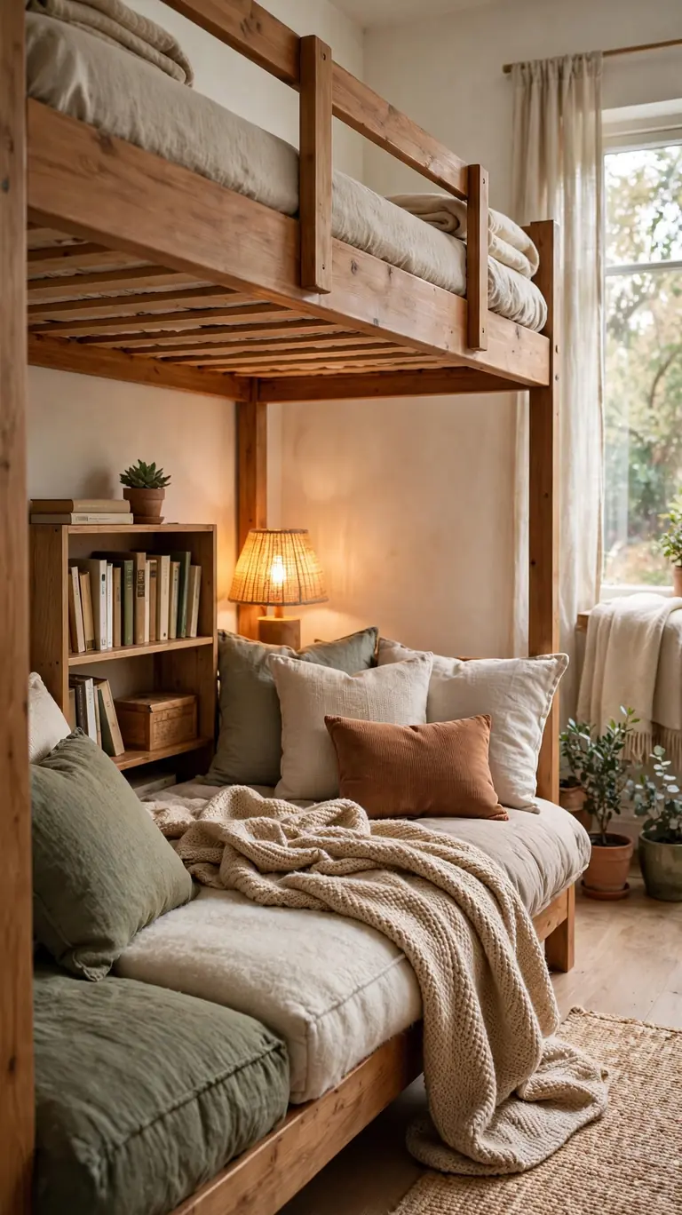 Lower bunk converted into a reading nook with floor cushions, a small bookshelf, and a warm lamp.
