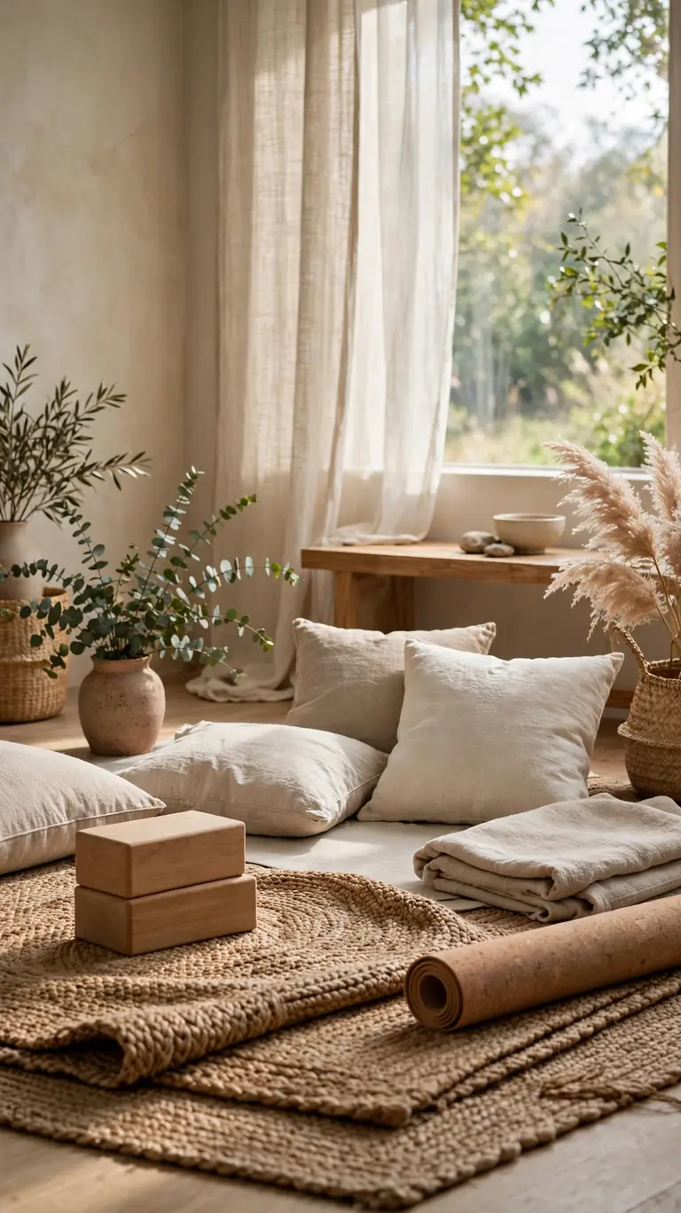 14 Inspiring Yoga Room Ideas for a Peaceful Home Retreat 7 Yoga space layered with a jute area rug, wooden yoga blocks, and linen cushions for natural texture.
