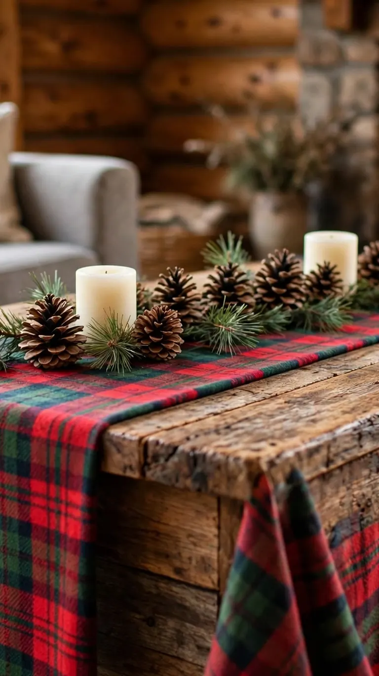 Red plaid throw used as a table runner with pinecones, greenery sprigs, and candles down the middle.