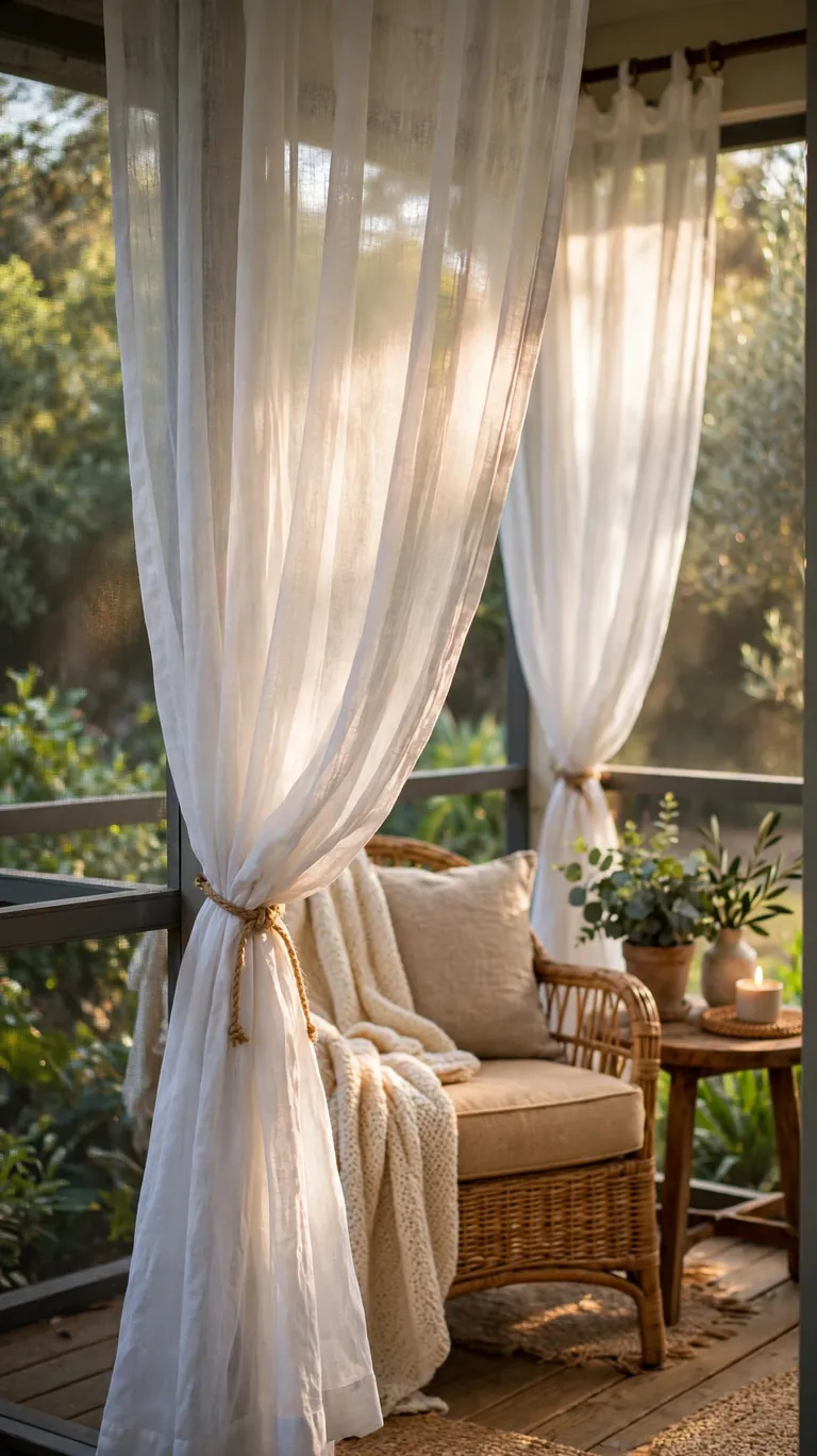Sheer white outdoor curtains tied back on a screened porch, filtering sunlight with a cozy chair and side table behind them.