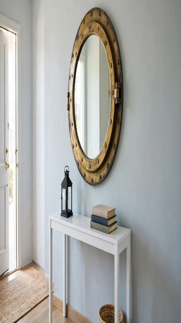 Entryway with a large round mirror in an aged brass frame hung above a slim white console table.