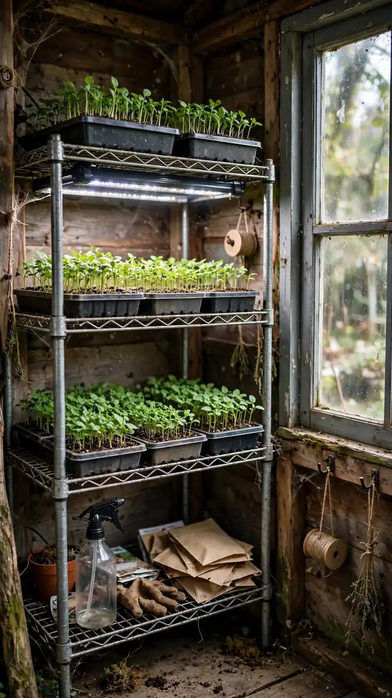 A seedling starter station in a shed corner with metal shelving, seed trays of young green sprouts under a grow light near a window.