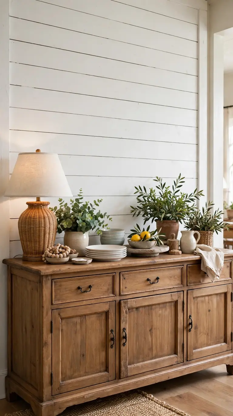 White shiplap accent wall behind a wooden sideboard styled with dishes, a lamp, and greenery in a farmhouse dining room.