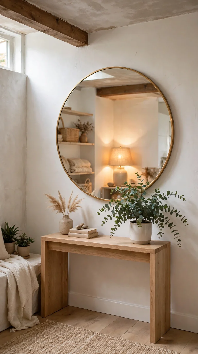 19 Small Basement Ideas to Make the Most of Any Space 7 Large round mirror on a basement wall bouncing warm lamplight around the room.