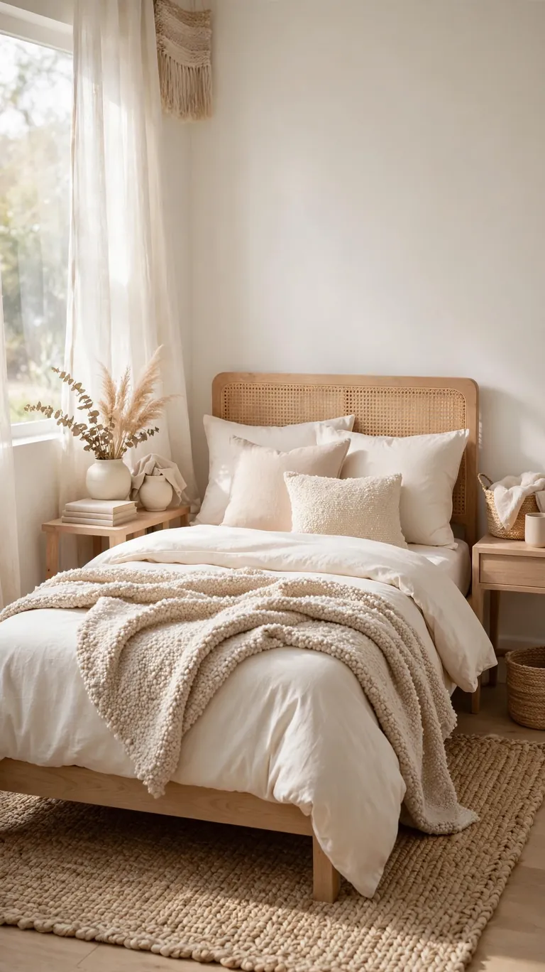 Small bedroom in a cohesive palette of creams and soft beiges with layered textures.