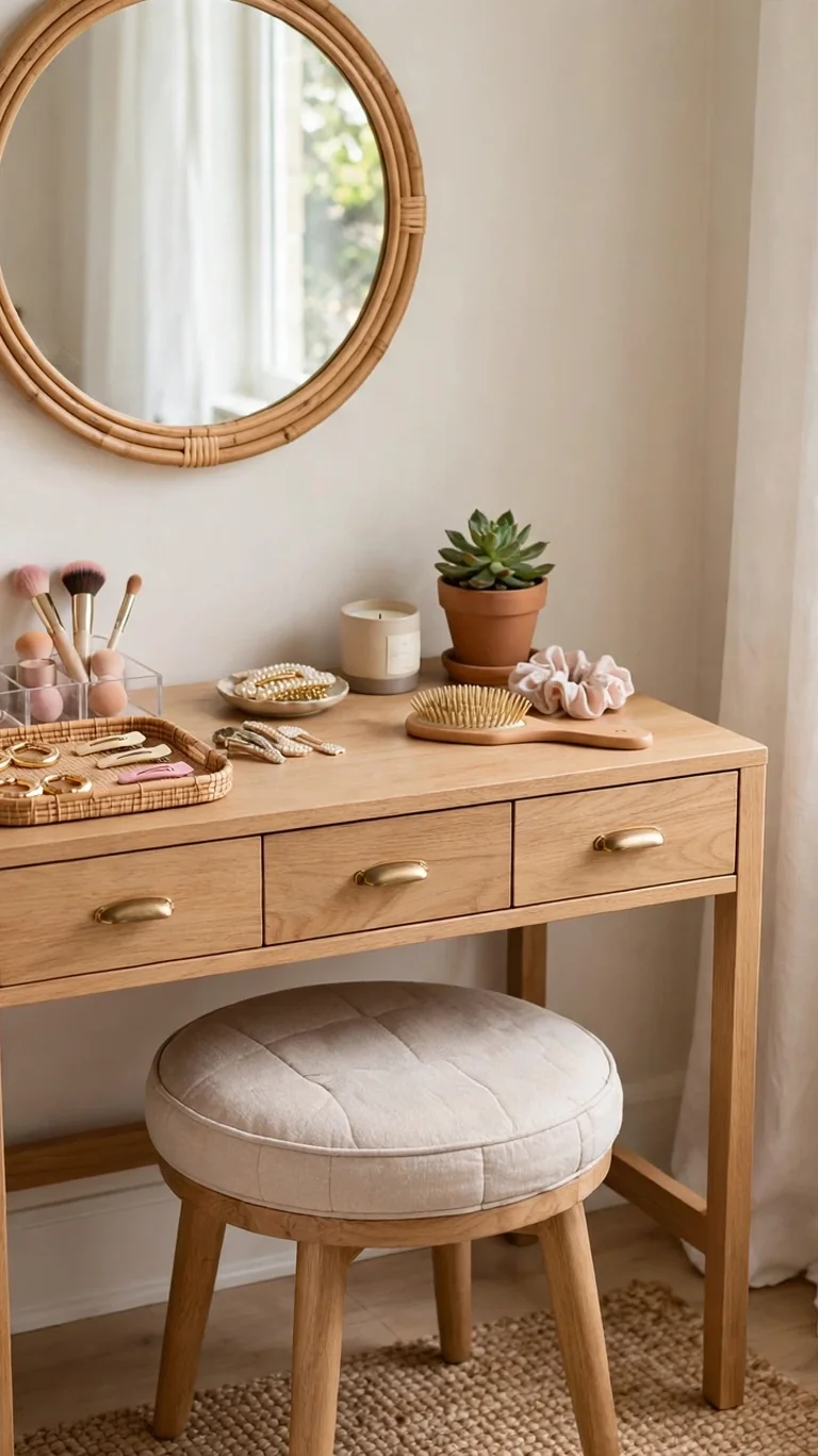 Small teen vanity station with a round mirror, cushioned stool, and organized trays by a window.