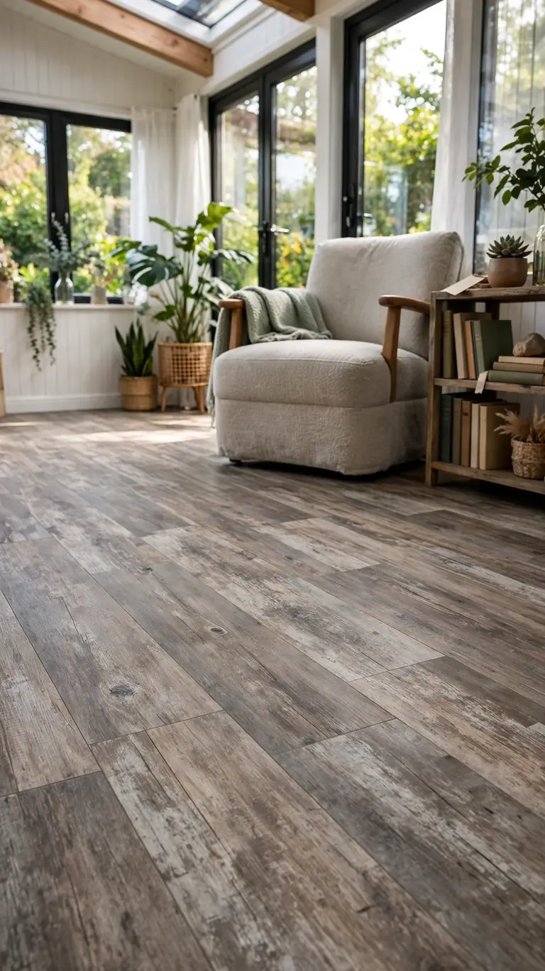 Sunroom with water-resistant laminate flooring in a weathered wood finish, reading chair, and small bookshelf.