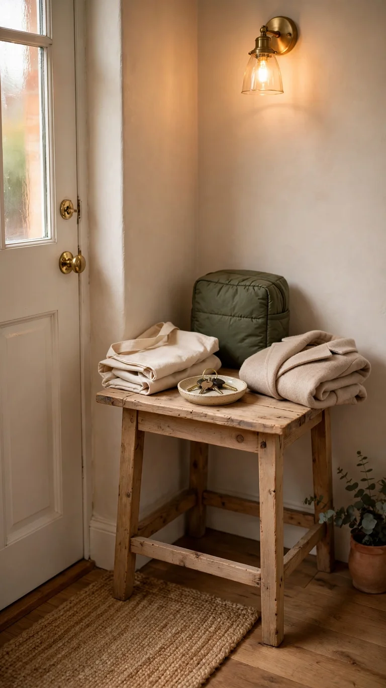 Launch pad table by the front door with keys, bag, and lunch ready for the morning.