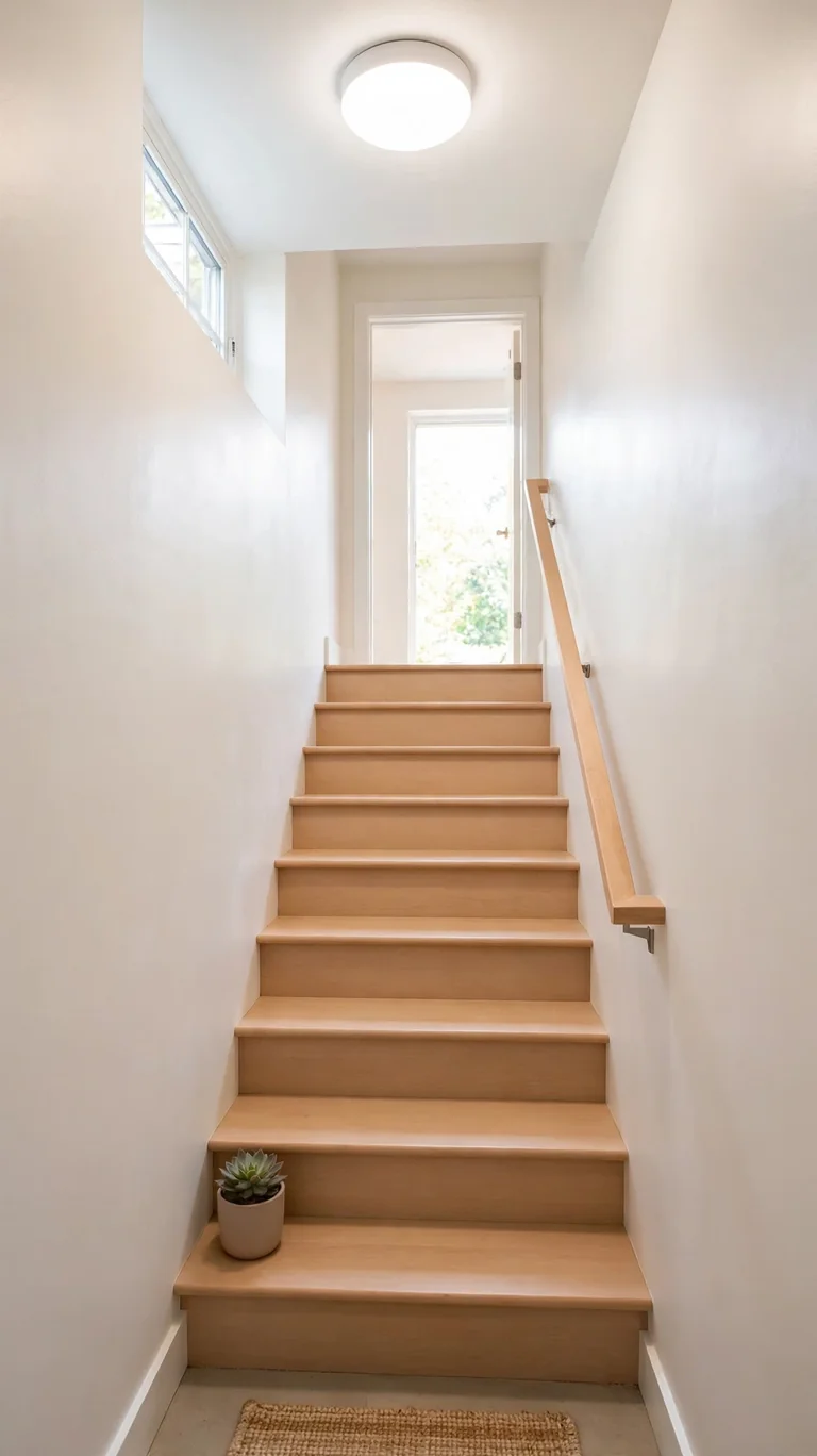 Bright basement stairwell freshly painted in warm white with satin sheen.