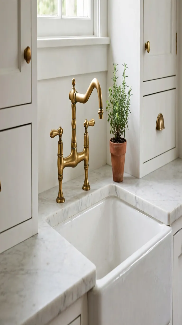 Kitchen detail with an unlacquered brass faucet and brass cabinet pulls on white shaker cabinets.