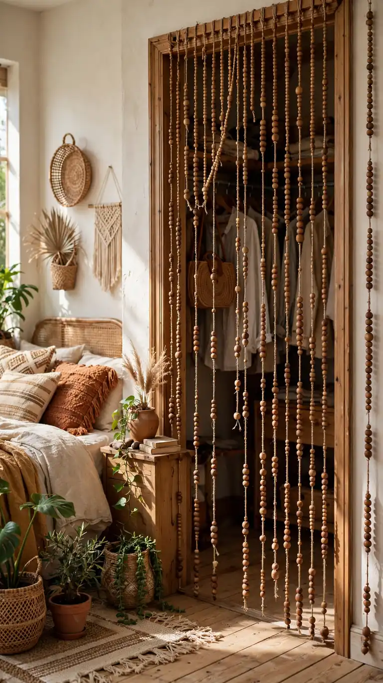 22 Creative Closet Curtain Ideas for a Stylish, Space-Saving Upgrade 8 Wooden beaded curtain strands hanging in a closet doorway of a boho-style bedroom with plants nearby.