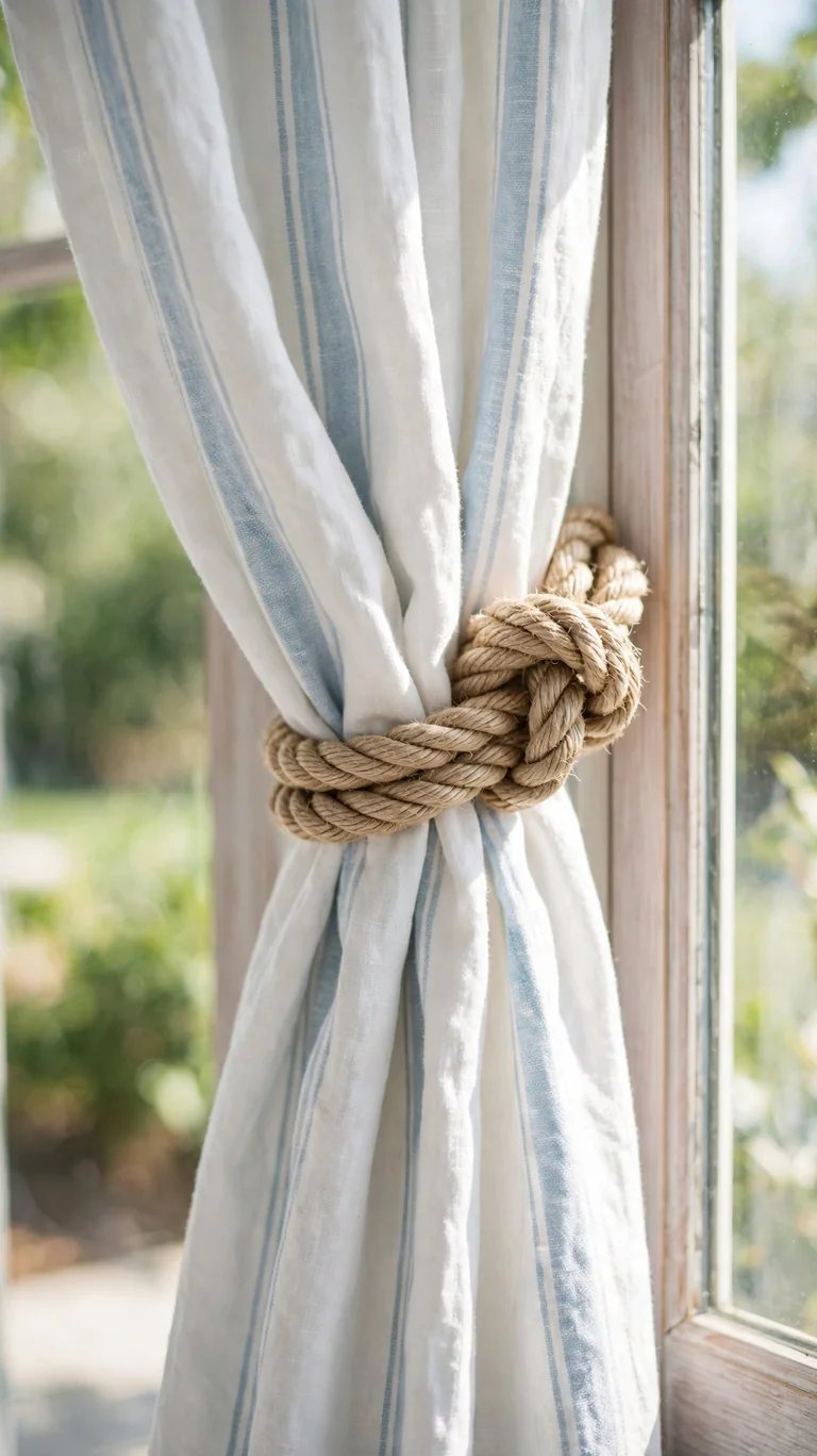 Thick natural rope tiebacks holding back white striped coastal curtains.