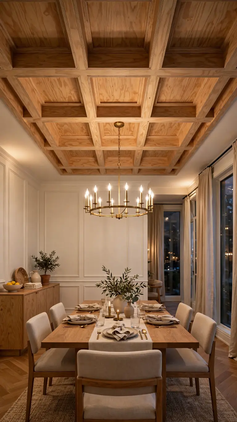 Elegant dining room with a coffered plywood ceiling and a centered chandelier.