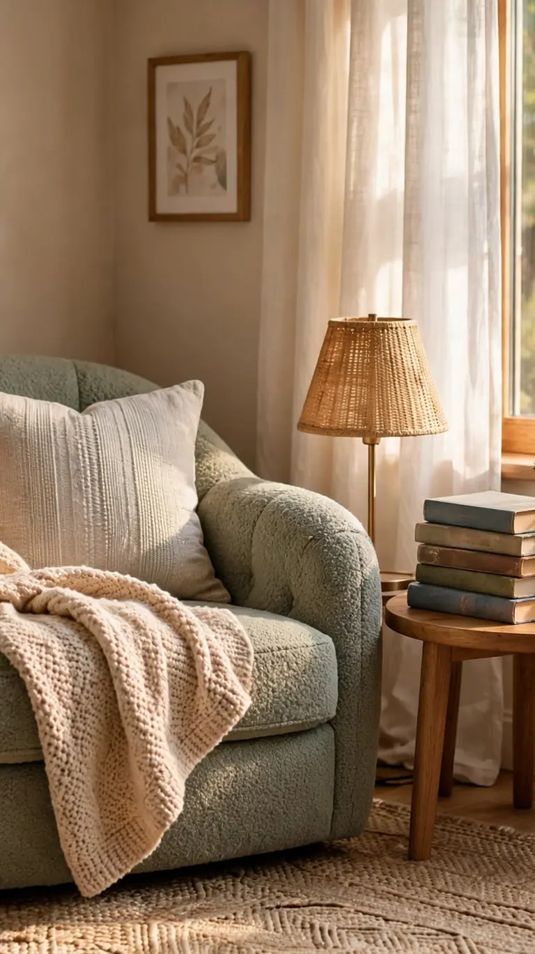 Cozy reading nook in a teen bedroom corner with an armchair, throw blanket, side table, and floor lamp.