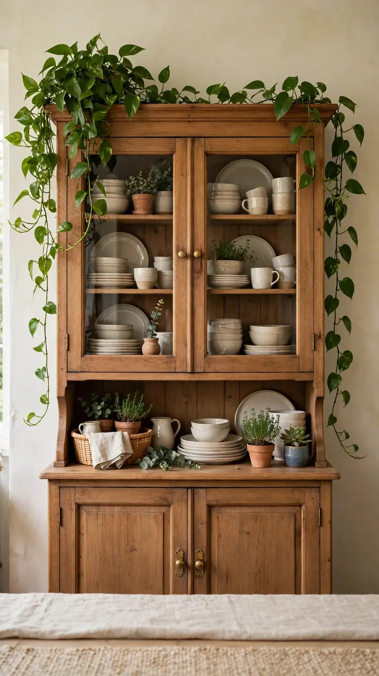 Hutch styled with a trailing pothos plant and small potted greenery among the dishes.