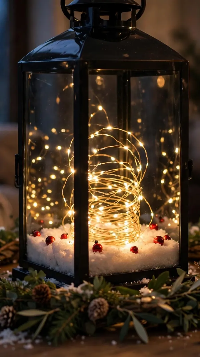 Large glass lantern filled with warm fairy lights, mini ornaments, and faux snow on a coffee table.