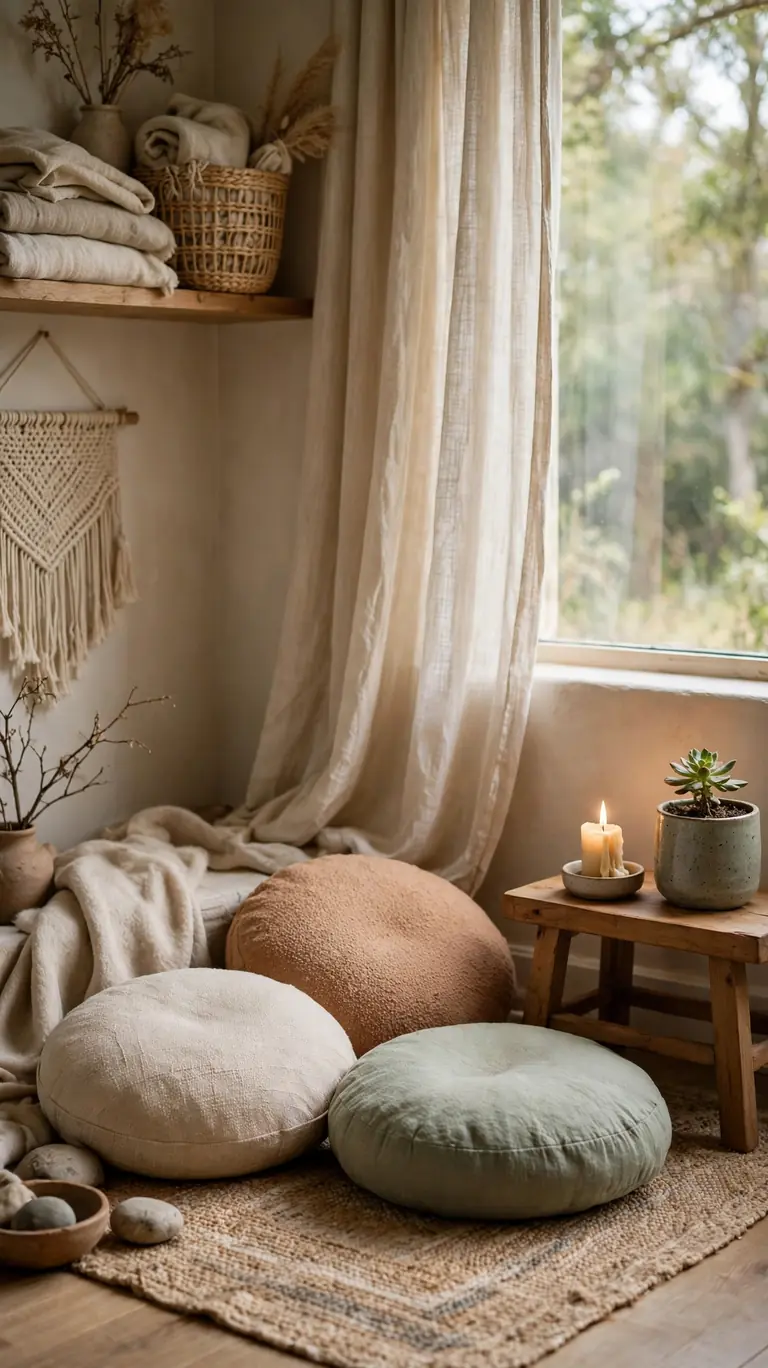 14 Inspiring Yoga Room Ideas for a Peaceful Home Retreat 8 Cozy meditation nook with round floor cushions, a low wooden stool holding a candle and a small plant.
