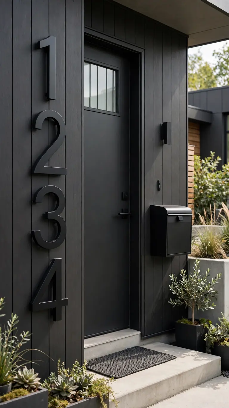 Oversized modern black house numbers mounted beside a front door with a matching black mailbox on a small porch.