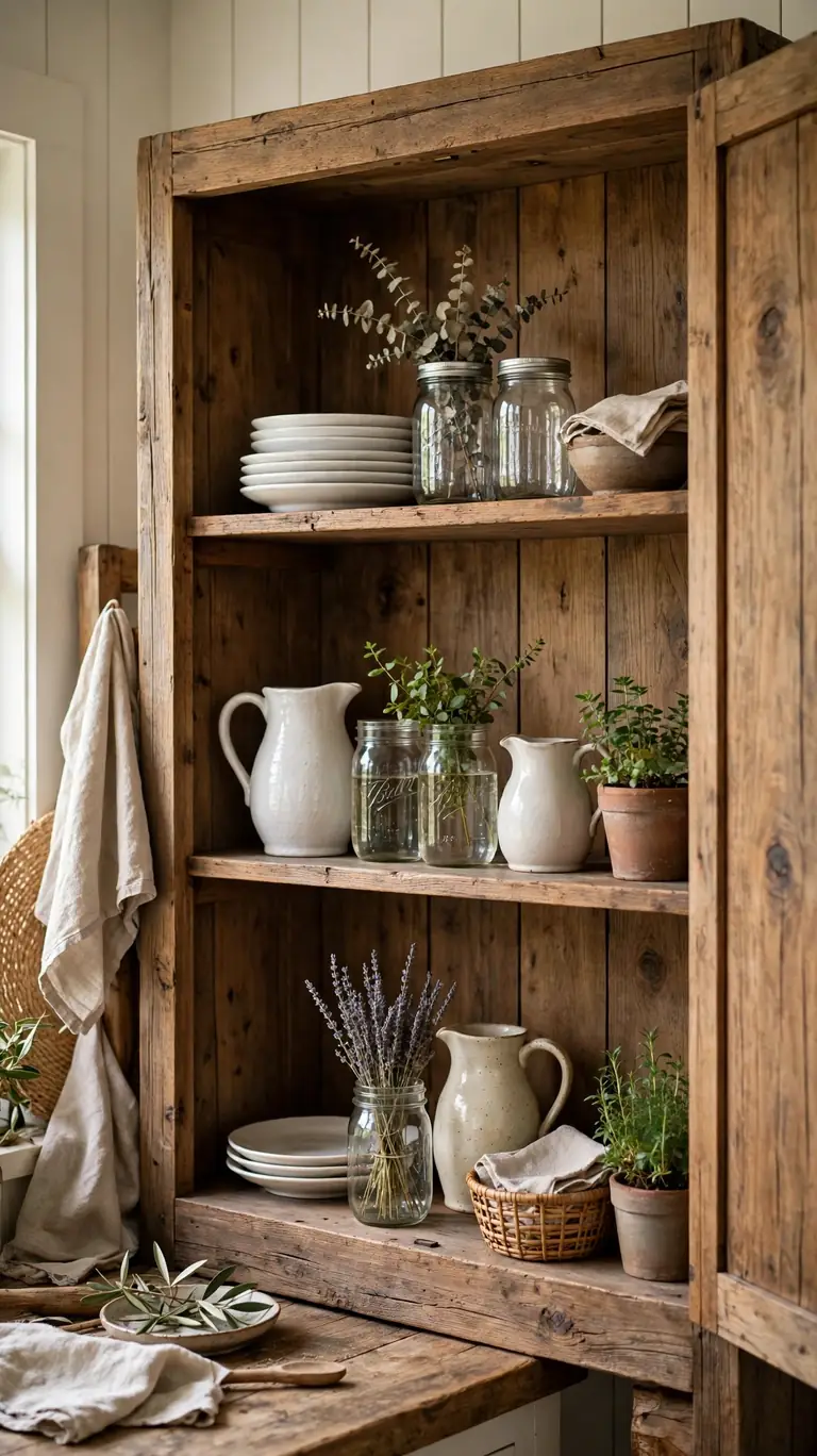 Open wooden hutch with shelves styled with stacked white plates, mason jars, pitchers, and a small plant.