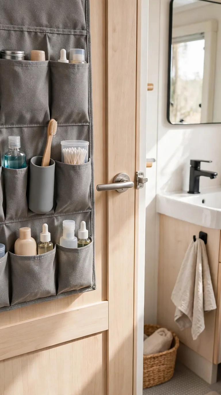 A fabric over-door organizer with pockets holding toiletries on a caravan bathroom door.
